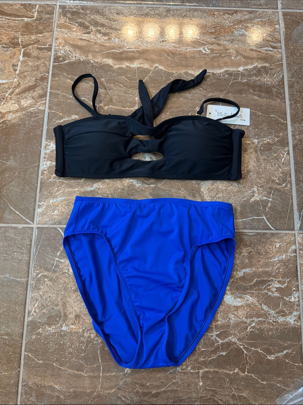 Black Bandeau Top & Royal Blue High-Waist Bikini Bottoms - Women Swim